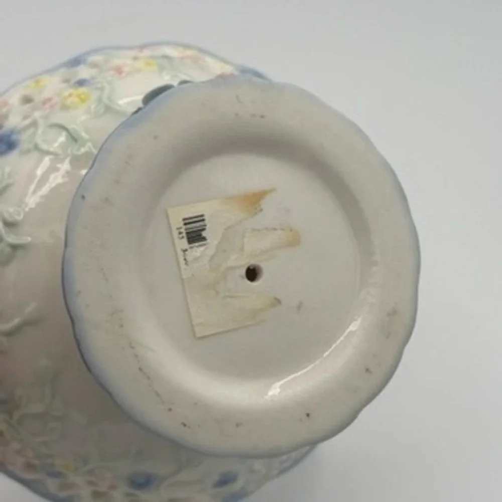 Cottagecore Porcelain Pedestal Candy Bowl Blue Floral Lattice Reticulated Dish